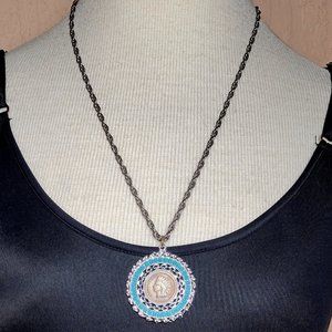 Vintage 1907 Indian Head Penny Necklace Silver-Tone with Faux Turquoise Beads
